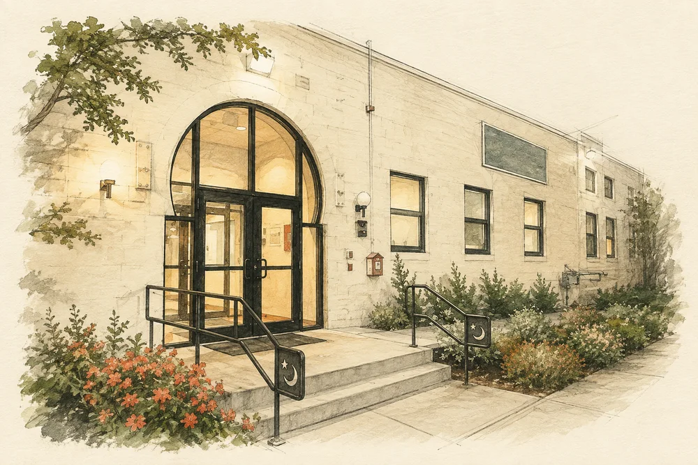 Architectural illustration of Al Huda Society's actual Chelsea entrance