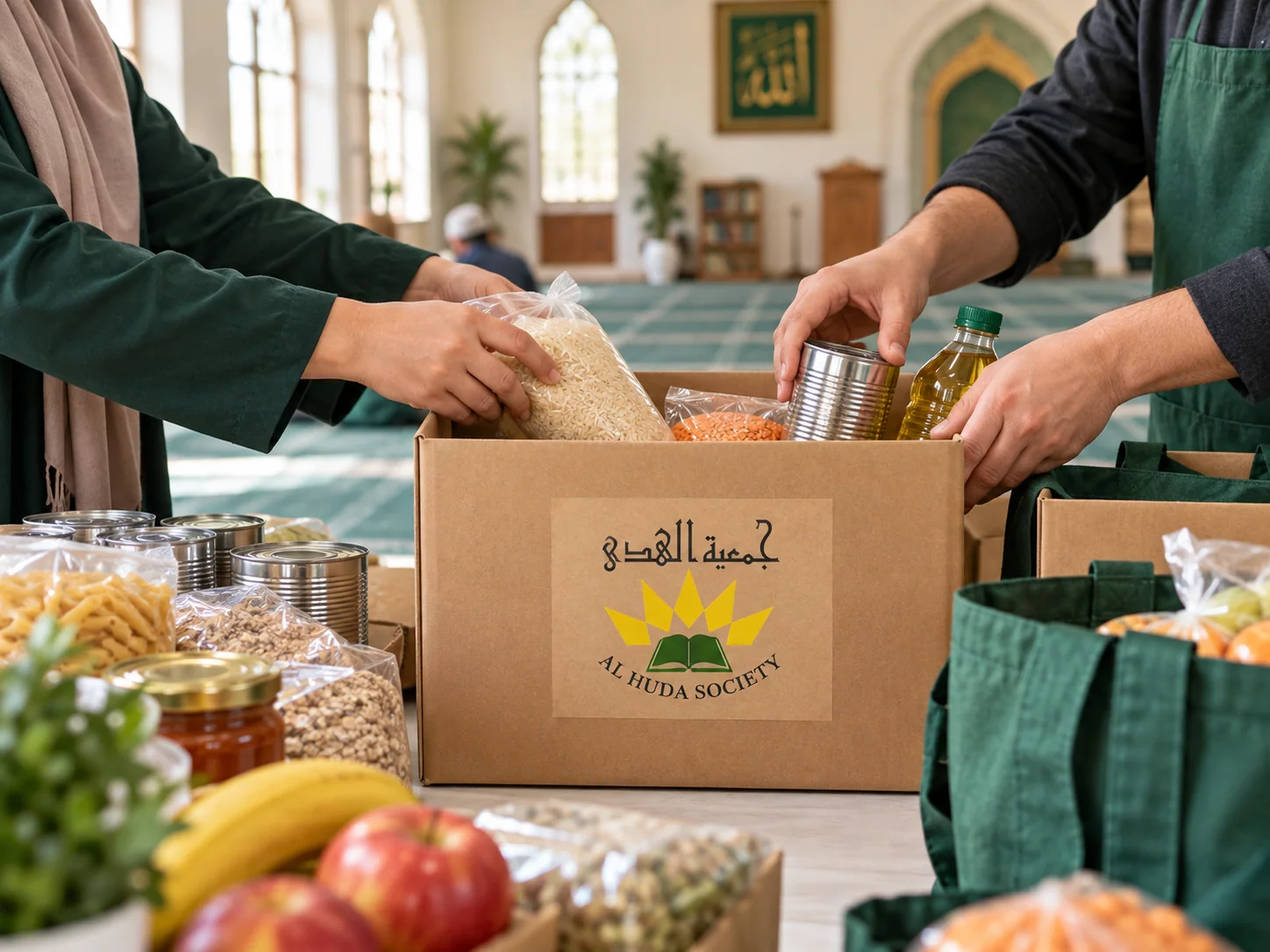 Al Huda volunteers preparing a community care package