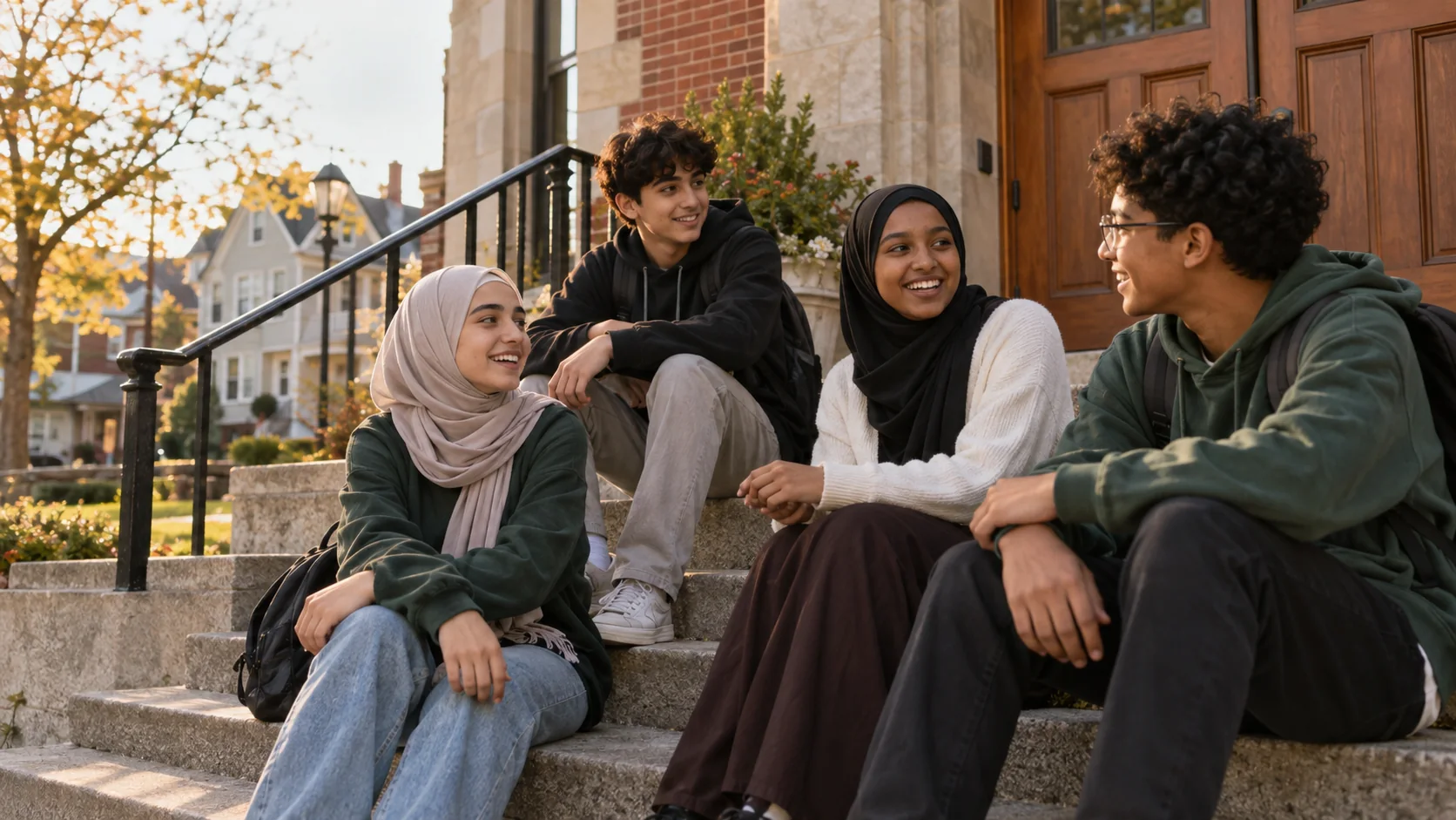 Illustrative scene of Muslim teenagers talking together outside a community center