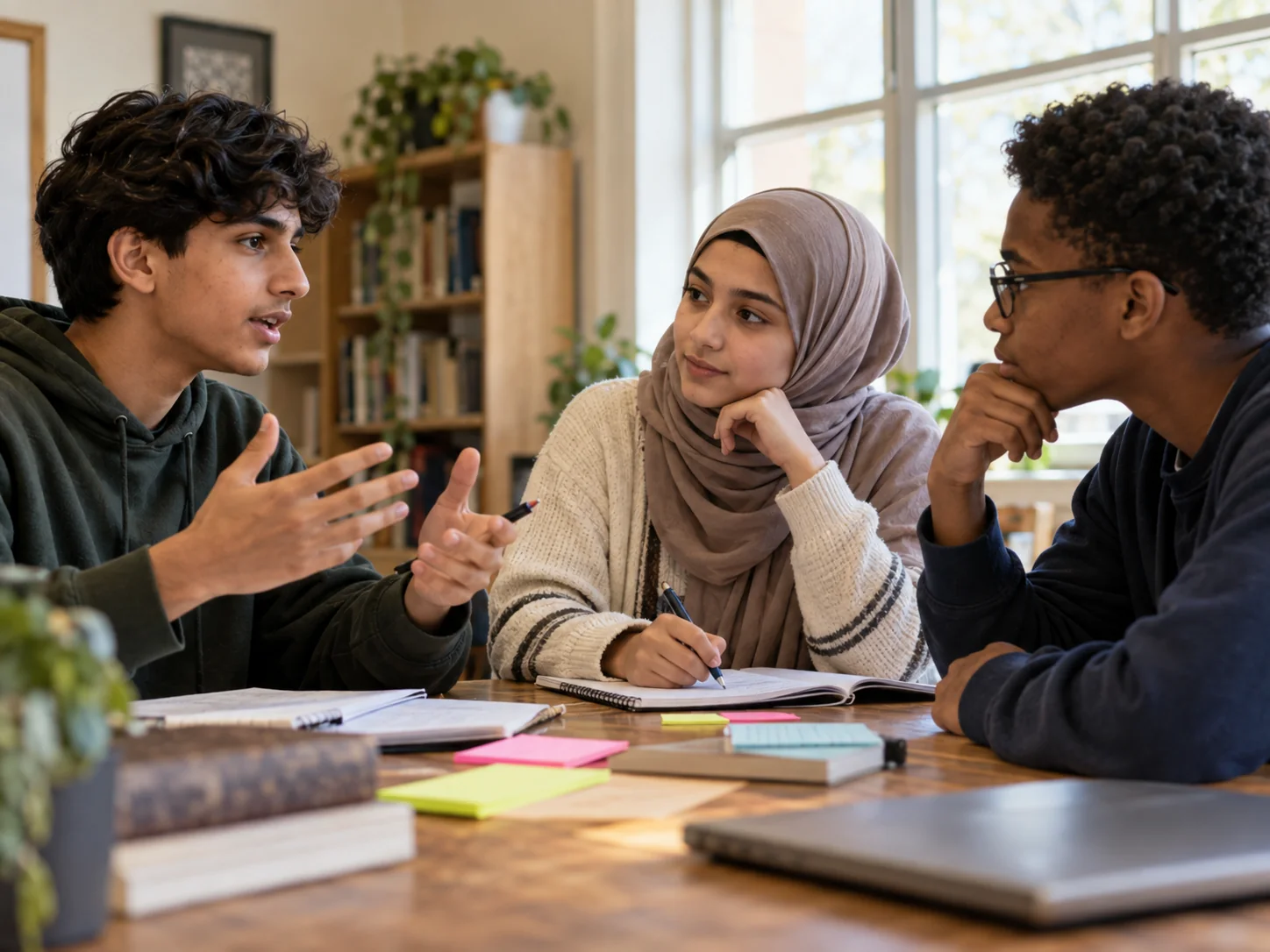Illustrative scene of teenagers learning and sharing ideas around a table